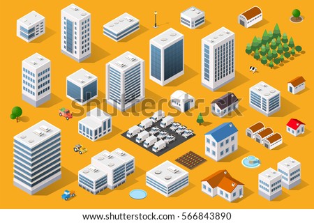 Cityscape design elements with isometric building city map generator. 3D flat icon set. Isolated collection  for creating your perfect road, park, transport, trees, infrastructure