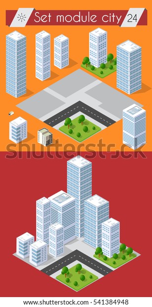 Cityscape design elements with isometric
building city map generator. 3D flat icon set. Isolated collection
objects for creating your perfect road, park, transport, trees,
infrastructure,
industrial