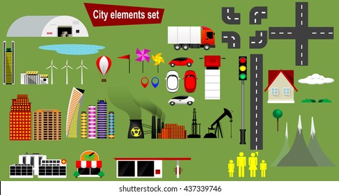 Cityscape design elements with lake, road, park, transport, people,buildings, hospital,truck, trees set, gas station, shop,factory. May be used for web site, brochure design, infographics template,map