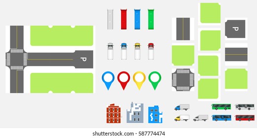 Cityscape Design Elements with road, transport, buildings, navigation pins. Road Map Vector illustration eps 10. May be used for vector illustration, web site, infographics template