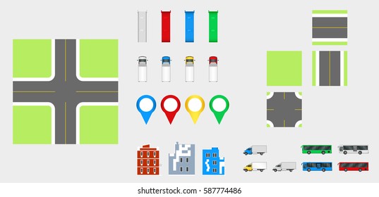 Cityscape Design Elements with road, transport, buildings, navigation pins. Road Map Vector illustration eps 10. May be used for vector illustration, web site, infographics template