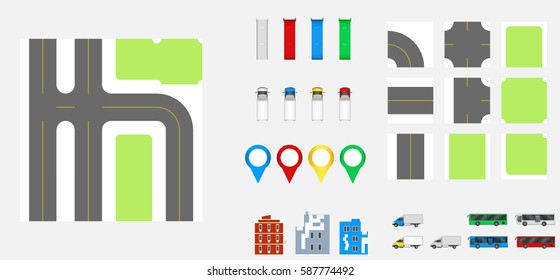 Cityscape Design Elements with road, transport, buildings, navigation pins. Road Map Vector illustration eps 10. May be used for vector illustration, web site, infographics template