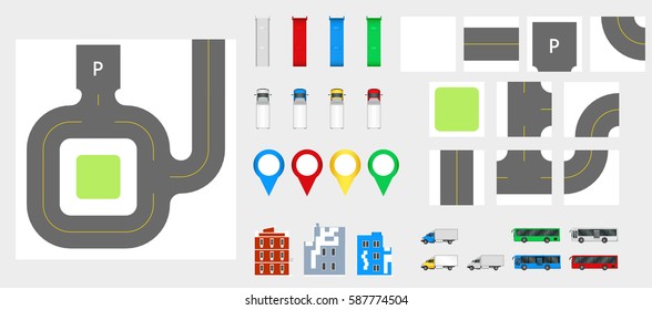 Cityscape Design Elements with road, transport, buildings, navigation pins. Road Map Vector illustration eps 10. May be used for vector illustration, web site, infographics template