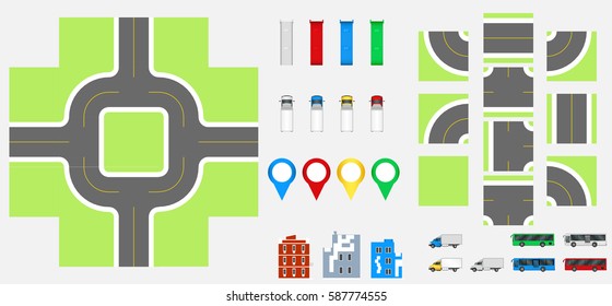 Cityscape Design Elements with road, transport, buildings, navigation pins. Road Map Vector illustration eps 10. May be used for vector illustration, web site, infographics template