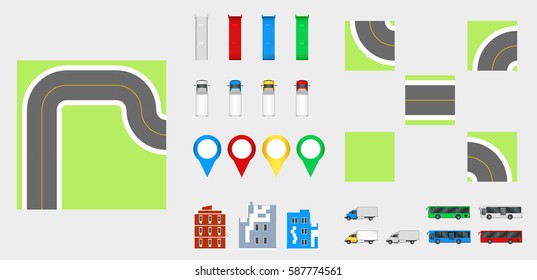 Cityscape Design Elements with road, transport, buildings, navigation pins. Road Map Vector illustration eps 10. May be used for vector illustration, web site, infographics template