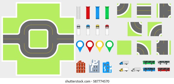 Cityscape Design Elements with road, transport, buildings, navigation pins. Road Map Vector illustration eps 10. May be used for vector illustration, web site, infographics template