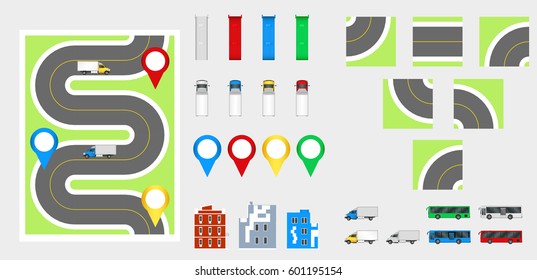 Cityscape Design Elements with road, transport, buildings, navigation pins. Road Map Vector illustration eps 10. May be used for vector illustration, web site, infographics template