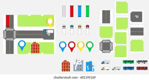 Cityscape Design Elements with road, transport, buildings, navigation pins. Road Map Vector illustration eps 10. May be used for vector illustration, web site, infographics template