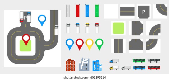 Cityscape Design Elements with road, transport, buildings, navigation pins. Road Map Vector illustration eps 10. May be used for vector illustration, web site, infographics template