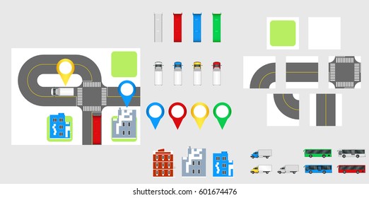 Cityscape Design Elements with road, transport, buildings, navigation pins. Road Map Vector illustration eps 10. May be used for vector illustration, web site, infographics template