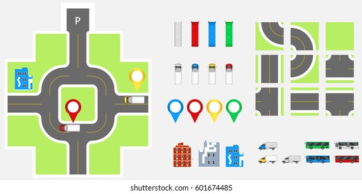 Cityscape Design Elements with road, transport, buildings, navigation pins. Road Map Vector illustration eps 10. May be used for vector illustration, web site, infographics template