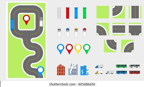 Cityscape Design Elements with road, transport, buildings, navigation pins. Road Map Vector illustration. May be used for vector illustration, web site, infographics template