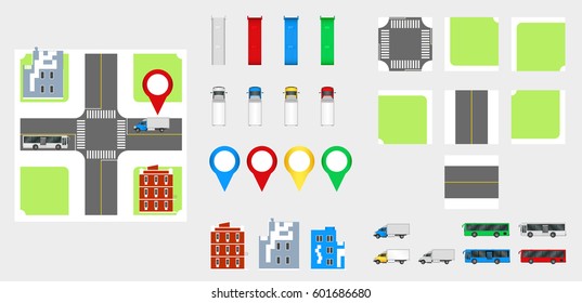 Cityscape Design Elements with road, transport, buildings, navigation pins. Road Map Vector illustration. May be used for vector illustration, web site, infographics template