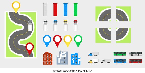 Cityscape Design Elements with road, transport, buildings, navigation pins. Road Map Vector illustration. May be used for web site, infographics template.