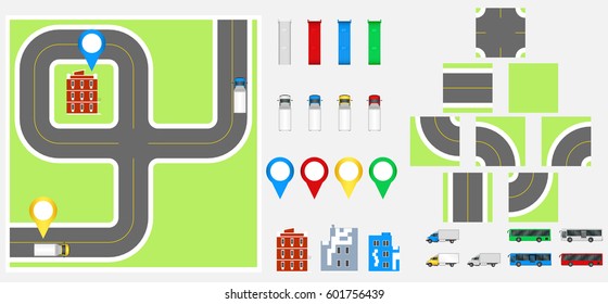 Cityscape Design Elements with road, transport, buildings, navigation pins. Road Map Vector illustration. May be used for web site, infographics template.