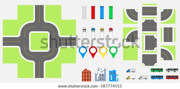 Cityscape\
Design Elements with road, transport, buildings, navigation pins.\
Road Map Vector illustration eps 10. May be used for vector\
illustration, web site, infographics\
template