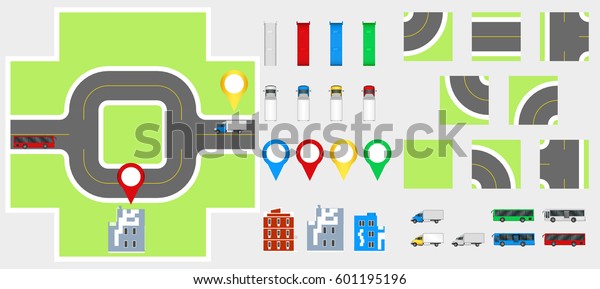 Cityscape\
Design Elements with road, transport, buildings, navigation pins.\
Road Map Vector illustration eps 10. May be used for vector\
illustration, web site, infographics\
template