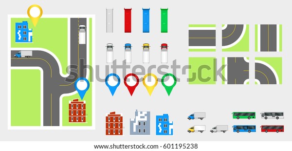 Cityscape\
Design Elements with road, transport, buildings, navigation pins.\
Road Map Vector illustration eps 10. May be used for vector\
illustration, web site, infographics\
template