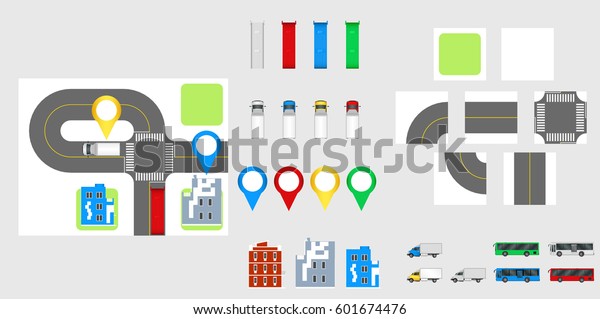 Cityscape\
Design Elements with road, transport, buildings, navigation pins.\
Road Map Vector illustration eps 10. May be used for vector\
illustration, web site, infographics\
template