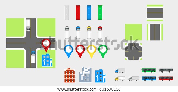 Cityscape Design Elements\
with road, transport, buildings, navigation pins. Road Map Vector\
illustration. May be used for vector illustration, web site,\
infographics\
template