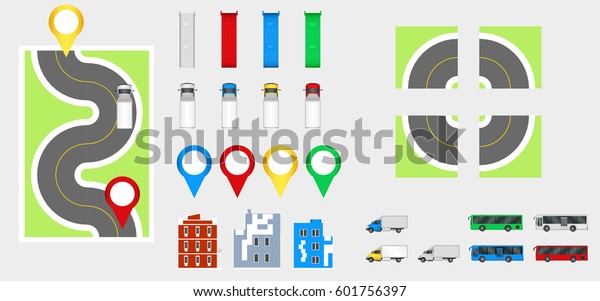 Cityscape Design Elements with\
road, transport, buildings, navigation pins. Road Map Vector\
illustration. May be used for web site, infographics\
template.