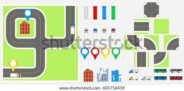Cityscape Design Elements with\
road, transport, buildings, navigation pins. Road Map Vector\
illustration. May be used for web site, infographics\
template.