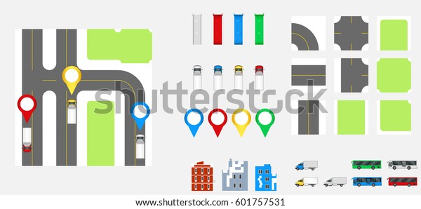 Cityscape Design Elements\
with road, transport, buildings, navigation pins. Road Map Vector\
illustration.