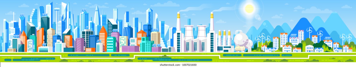 Cityscape with different buildings, Office center, Stores and Headquarters, Private houses, Cottage with parks and mountains. Industrial factory Manufacturing building. Vector flat illustration