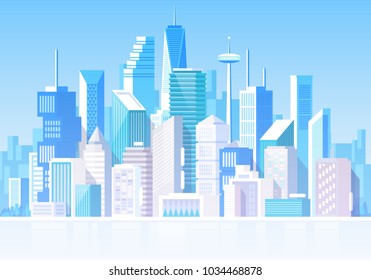 Cityscape with different buildings. Private houses, cottage. Office center. Store house. Headquarters. Vector illustration