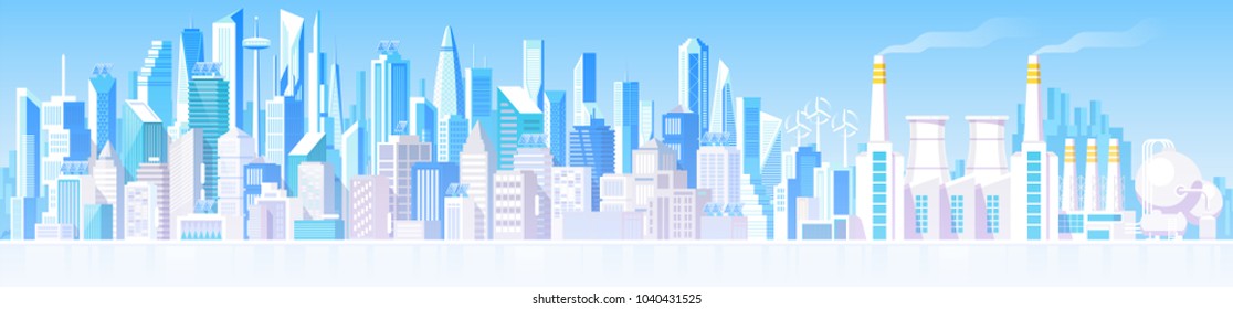 Cityscape with different buildings. Private houses, cottage. Office center. Store house. Headquarters. Industrial area. Modern factory. Vector illustration 