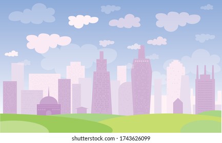 paisaje urbano con diferentes edificios. Ilustración vectorial.