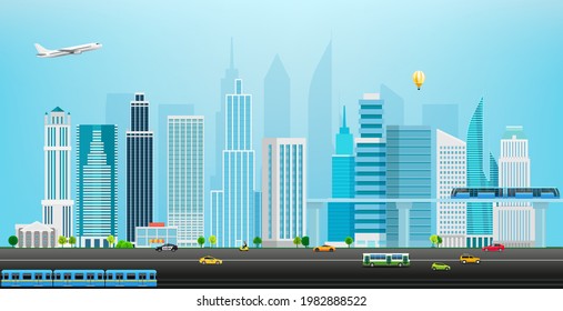 Cityscape with different city transport vector illustration