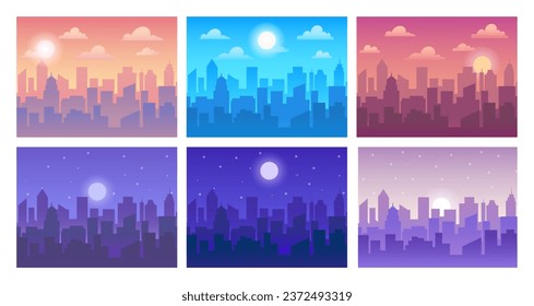 Cityscape in different time of day. Town silhouette in morning, evening and day. Night town landscape with urban buildings. Background with moon and sun. Vector set. Skyscrapers silhouettes