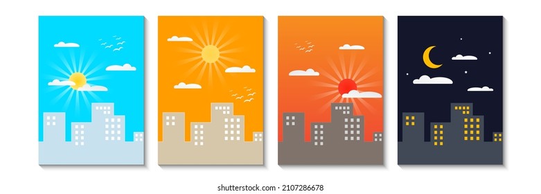 Cityscape at different times vector city landscape at daytime in flat style at dawn, noon, sunset. and night stars at city landscape - eps10