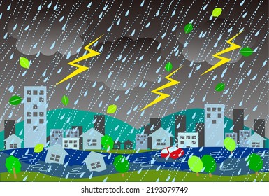 Cityscape of disaster caused by severe thunderstorm, vector