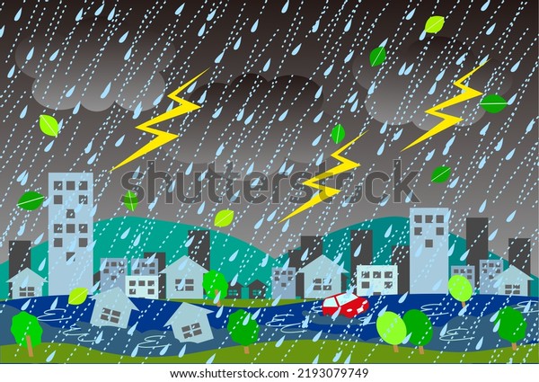 Cityscape of disaster caused by severe\
thunderstorm, vector