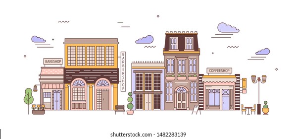 Cityscape with district of exquisite elegant residential buildings of European architecture. Urban landscape with living houses, bakeshop, coffeeshop. Colorful vector illustration in line art style.