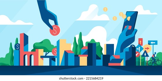 Paisaje urbano con símbolos de dólar. Concepto de inversión ilustración vectorial detallada