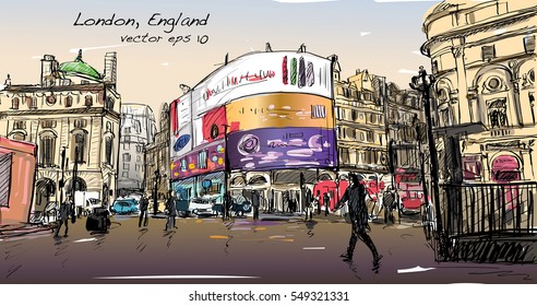 Cityscape Drawing Sketch In London England, Show Walk Street At Corner LED Light Board, Illustration Vector