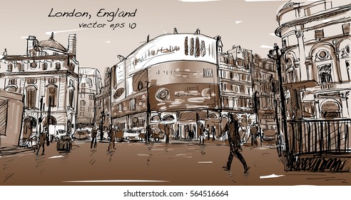 cityscape drawing sketch in London England, show walk street at corner LED light board in Sepia tone, illustration vector