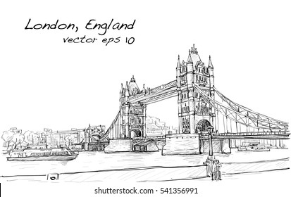 Cityscape Drawing Sketch Tower Bridge, London, England, Illustration Vector