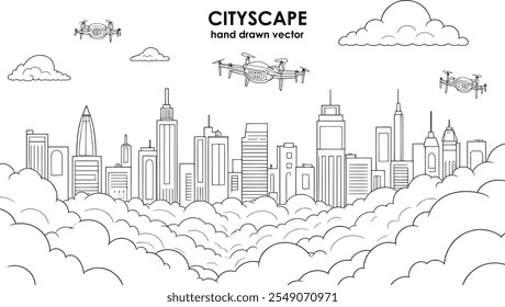 Cityscape with drones flying over the skyscrapers. Hand drawn vector.