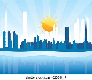 Cityscape Dubai, sunrise scene with skyscrapers - vector illustration