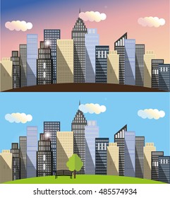 Cityscape during the day, at dawn and at sunset. View of skyscrapers with a small observation deck on the hill