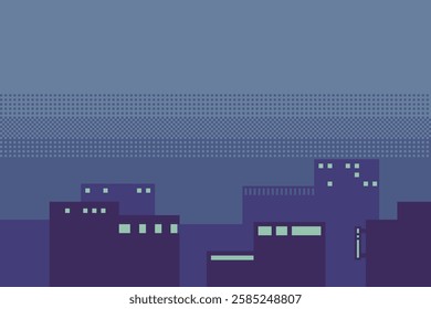 Cityscape at Dusk Sky in Blue Haze Panorama view Background, Pixel Art Design