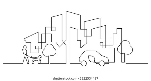 cityscape ecology lifestyle scene in continuous line drawing vector illustration