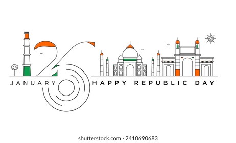 Cityscape Elegance Happy Republic Day in Orange, Surrounded by Whimsical Line Art. Vibrant Republic Day Greetings