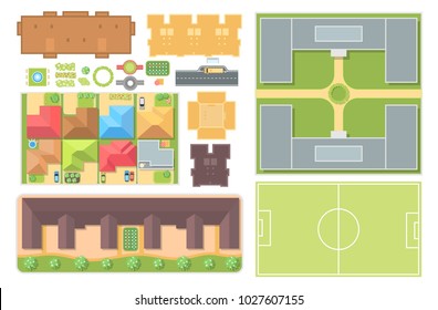 Cityscape elements - set of modern vector objects isolated on white background for creating your own images. Colorful roofs, trees, football pitch, cars, park, crossroads, bus stop. Top view position