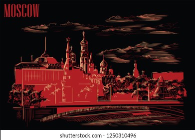 Cityscape of embankment of Kremlin towers and bridge across Moscow river (Red Square, Moscow, Russia) isolated vector hand drawing illustration in red and beige colors on black background
