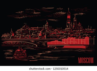 Cityscape of embankment of Kremlin towers and bridge across Moscow river (Red Square, Moscow, Russia) isolated vector hand drawing illustration in red and beige color on black background